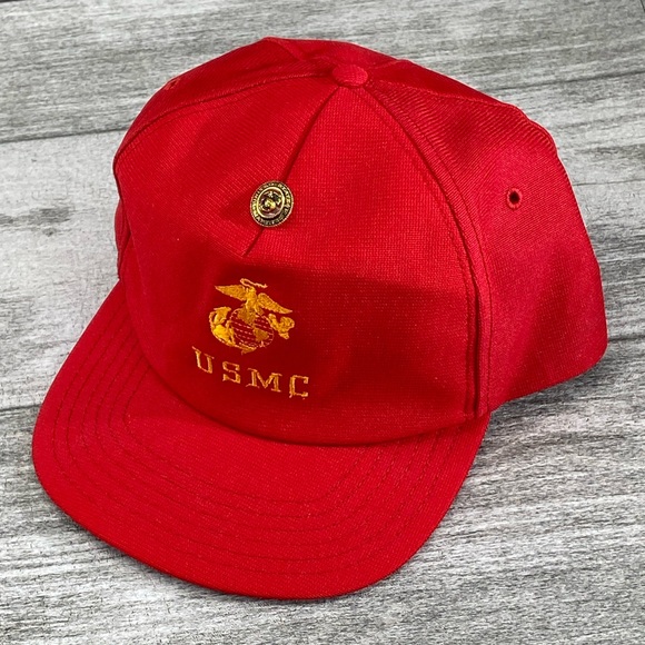 VTG USMC Marines USA Made Adjustable Snap Back Trucker Hat Embroidered Logo Red - Picture 6 of 14